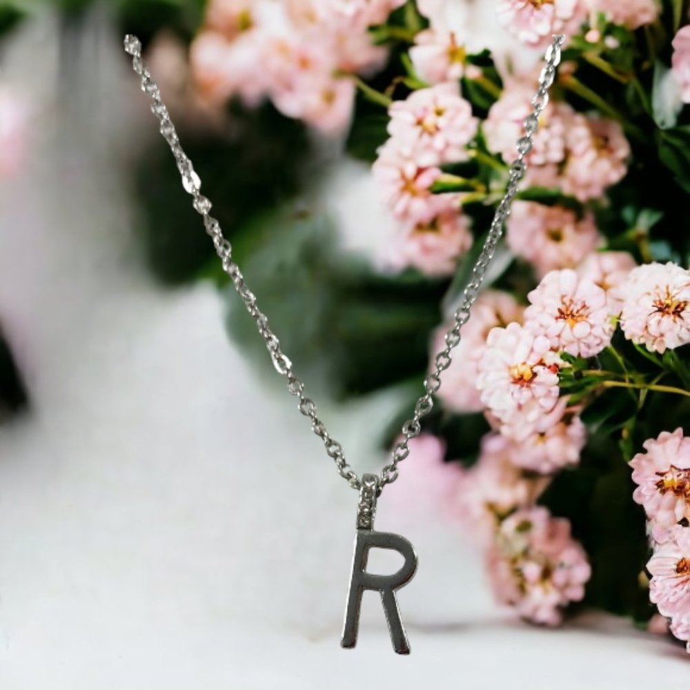 Inital R Pendant Necklace Silver with Rhinestones